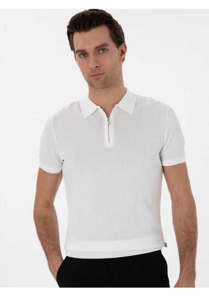 Erkek Ekru Slim Fit Fermuarlı Polo Yaka Triko T-Shirt 50300834-VR019
