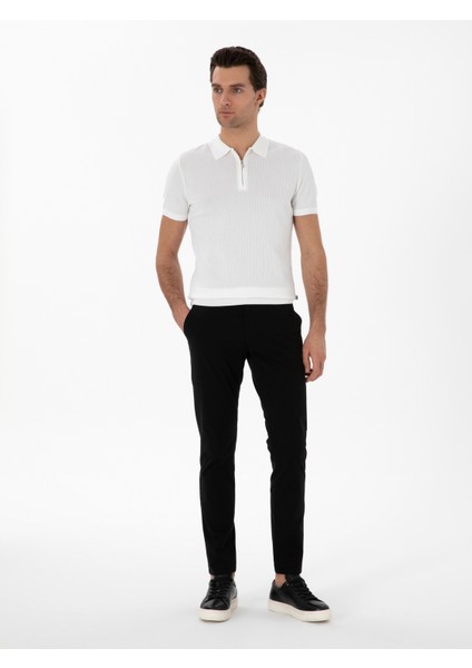 Erkek Ekru Slim Fit Fermuarlı Polo Yaka Triko T-Shirt 50300834-VR019