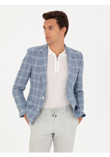 Erkek Mavi Slim Fit Keten Karışımlı Ceket 50264757-VR036