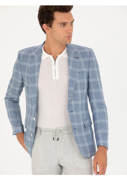 Erkek Mavi Slim Fit Keten Karışımlı Ceket 50264757-VR036