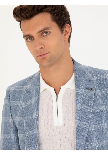 Erkek Mavi Slim Fit Keten Karışımlı Ceket 50264757-VR036
