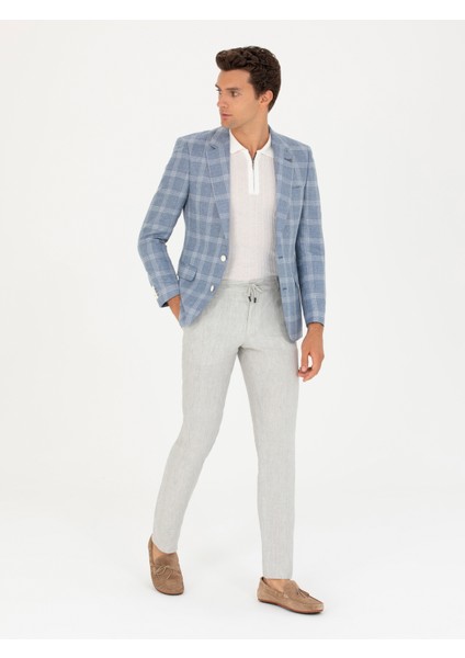 Erkek Mavi Slim Fit Keten Karışımlı Ceket 50264757-VR036