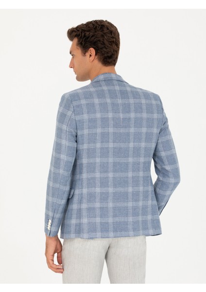 Erkek Mavi Slim Fit Keten Karışımlı Ceket 50264757-VR036