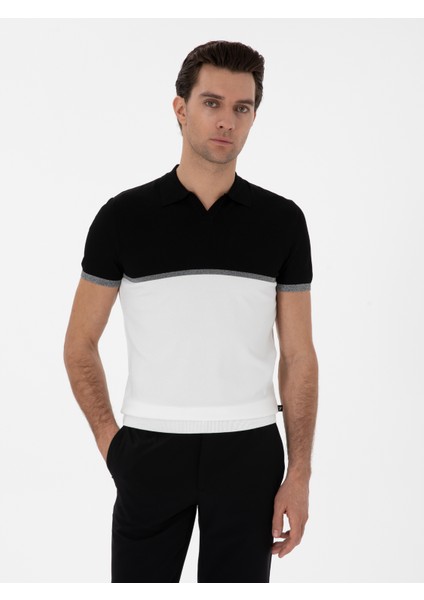 Erkek Siyah Slim Fit Apaş Yaka Triko T-Shirt 50300787-VR046