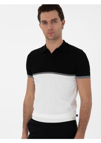 Erkek Siyah Slim Fit Apaş Yaka Triko T-Shirt 50300787-VR046