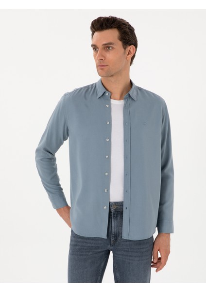 Erkek Koyu Mavi Regular Fit Alttan Biritli Liyosel Gömlek 50300590-VR032