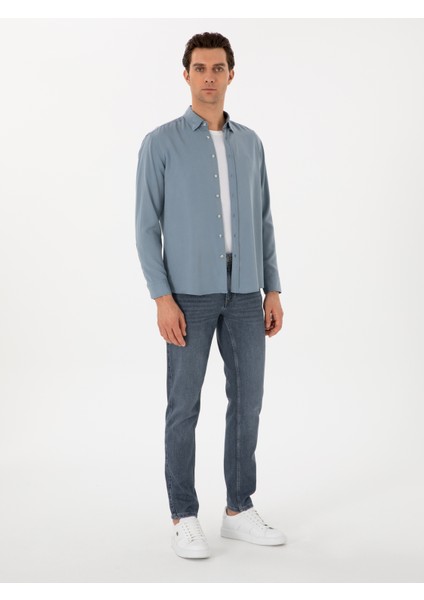 Erkek Koyu Mavi Regular Fit Alttan Biritli Liyosel Gömlek 50300590-VR032