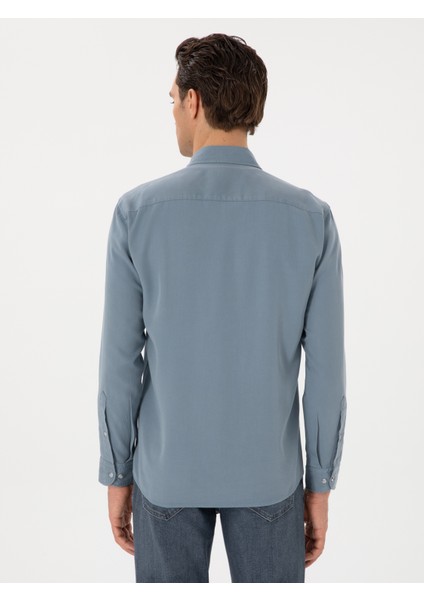 Erkek Koyu Mavi Regular Fit Alttan Biritli Liyosel Gömlek 50300590-VR032