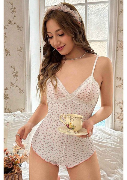 Çiçek Desenli Kadın Body Tulum Gecelik 90% Polyester Rahat ve Şık Tasarım modelleri
