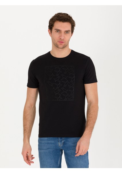 Erkek Siyah Bisiklet Yaka Slim Fit T-Shirt 50266621-VR046