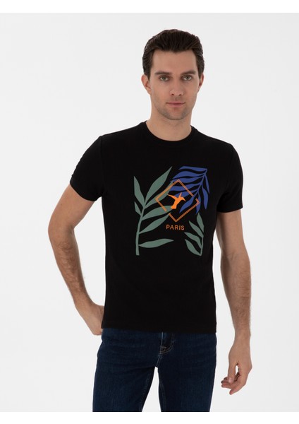 Erkek Siyah Slim Fit Bisiklet Yaka Desenli T-Shirt 50301497-VR046