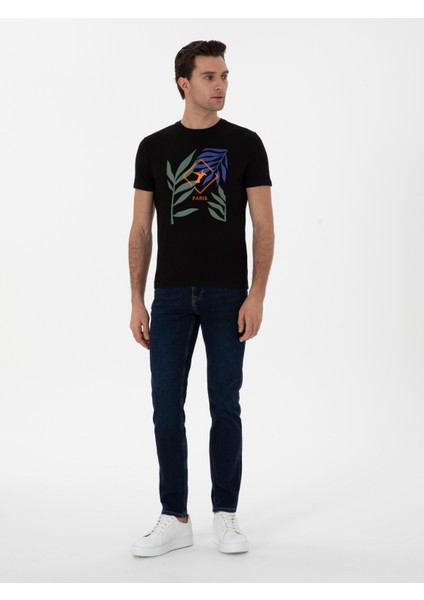 Erkek Siyah Slim Fit Bisiklet Yaka Desenli T-Shirt 50301497-VR046