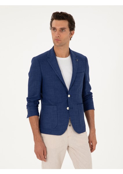 Erkek Mavi Slim Fit Keten Karışımlı Ceket 50264777-VR028