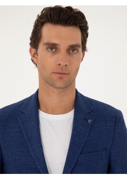Erkek Mavi Slim Fit Keten Karışımlı Ceket 50264777-VR028