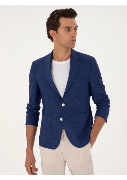 Erkek Mavi Slim Fit Keten Karışımlı Ceket 50264777-VR028
