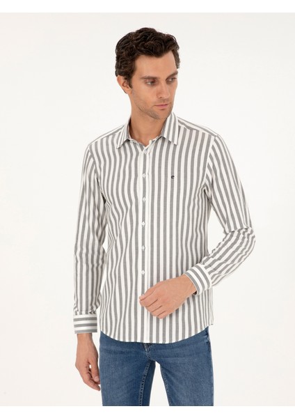 Erkek Gri Slim Fit Çizgili Pamuk Gömlek 50291351-VR024