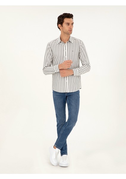 Erkek Gri Slim Fit Çizgili Pamuk Gömlek 50291351-VR024 fırsatları