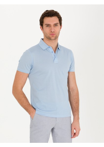 Erkek Buz Mavisi Polo Yaka Slim Fit Basic Merserize T-Shirt 50267665-VR095