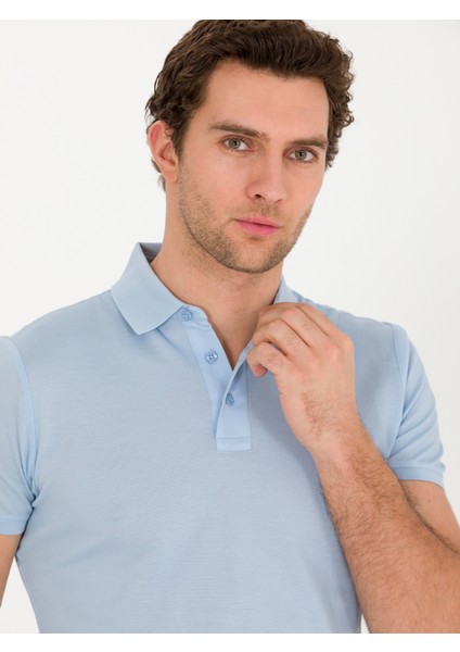 Erkek Buz Mavisi Polo Yaka Slim Fit Basic Merserize T-Shirt 50267665-VR095