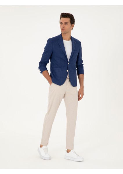 Erkek Mavi Slim Fit Keten Karışımlı Ceket 50264777-VR028