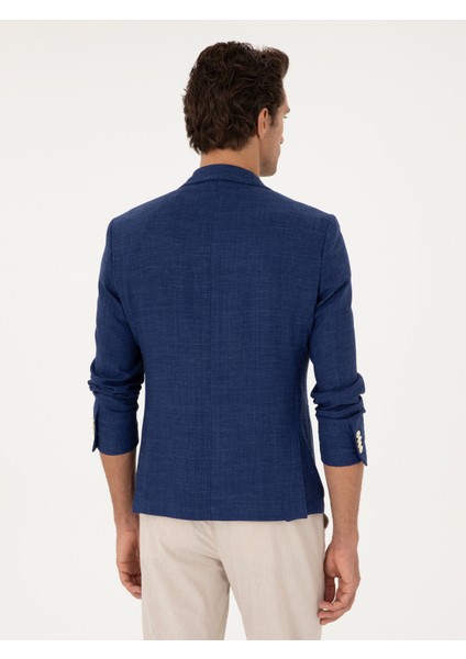 Erkek Mavi Slim Fit Keten Karışımlı Ceket 50264777-VR028