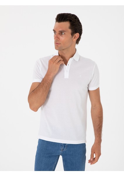 Erkek Beyaz Slim Fit Polo Yaka Pamuklu Basic T-Shirt 50300934-VR013