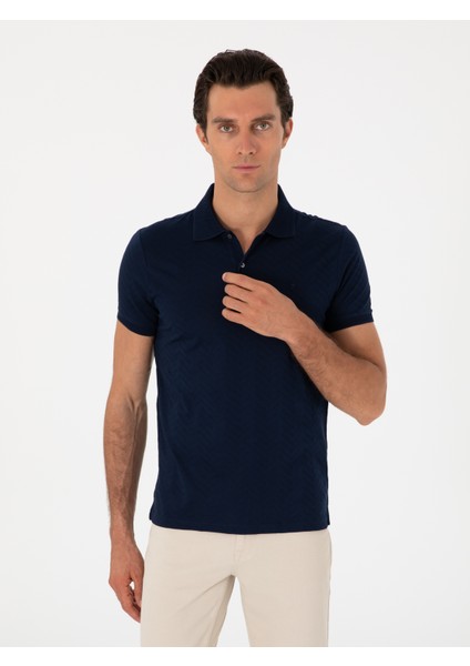 Erkek Lacivert Slim Fit Desenli Polo Yaka T-Shirt 50300721-VR033