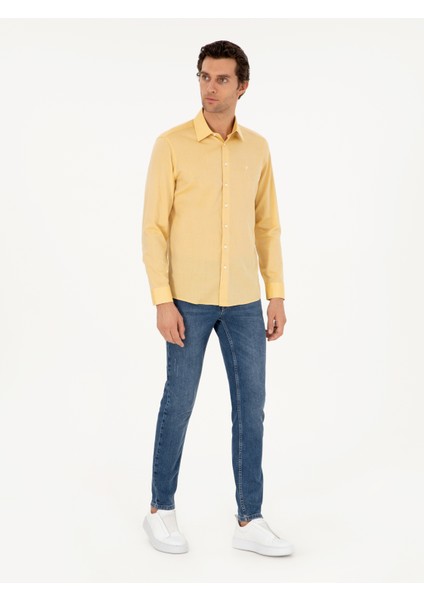 Erkek Sarı Slim Fit Kaşmir Karışımlı Oxford Gömlek 50291353-VR044