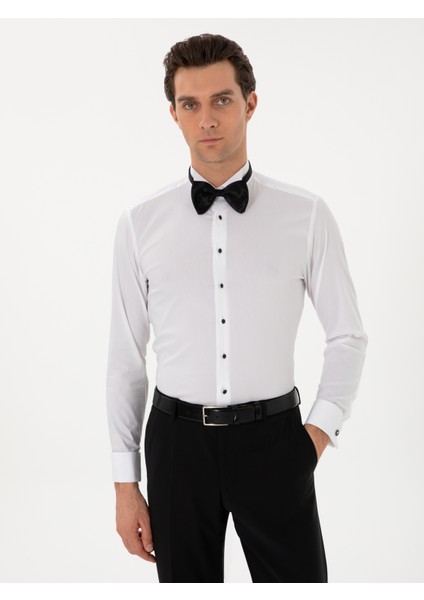 Erkek Beyaz Slim Fit Pamuk Karışımlı Manşetli Smokin Gömlek 50304049-VR013