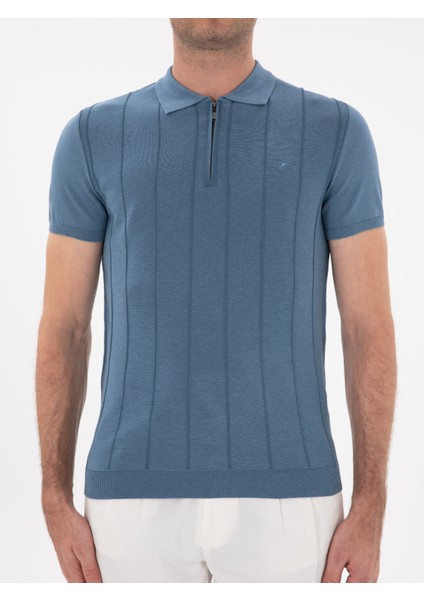 Erkek Indigo Slim Fit Nervürlü Fermuarlı Polo Yaka Triko T-Shirt 50309871-VR028