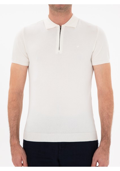 Erkek Beyaz Slim Fit Fermuarlı Polo Yaka Triko T-Shirt 50309881-VR013