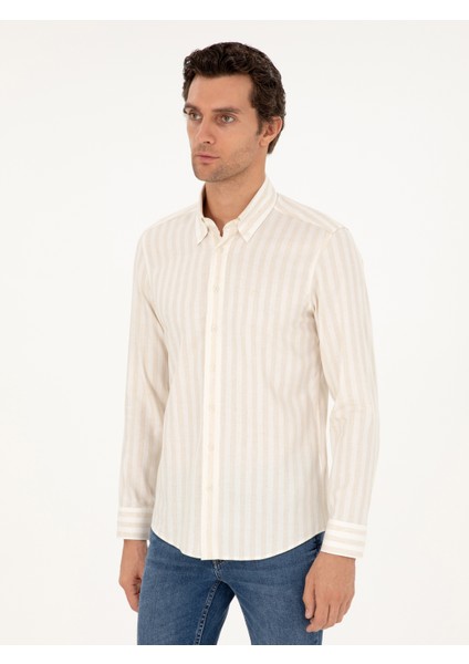 Erkek Bej Slim Fit Çizgili Keten Karışımlı Gömlek 50291332-VR011