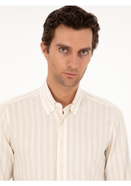 Erkek Bej Slim Fit Çizgili Keten Karışımlı Gömlek 50291332-VR011 fiyatları