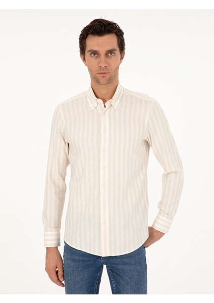 Erkek Bej Slim Fit Çizgili Keten Karışımlı Gömlek 50291332-VR011 modelleri