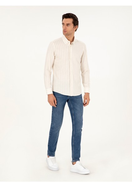 Erkek Bej Slim Fit Çizgili Keten Karışımlı Gömlek 50291332-VR011 fırsatları