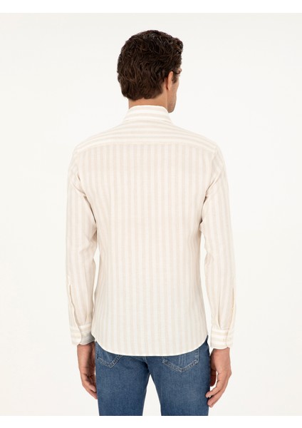 Erkek Bej Slim Fit Çizgili Keten Karışımlı Gömlek 50291332-VR011 indirimleri