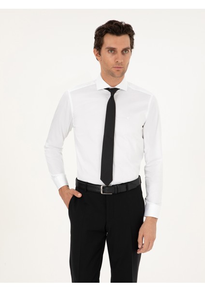 Erkek Beyaz Slim Fit %100 Pamuk İtalyan Yaka Klasik Gömlek 50268927-VR013