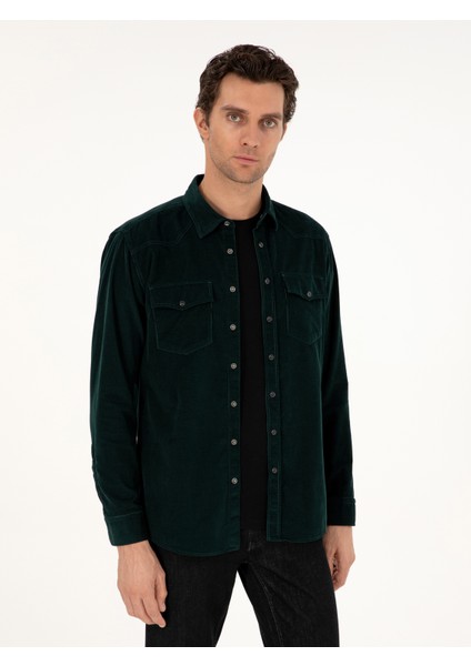 Erkek Koyu Yeşil Regular Fit Kadife Gömlek 50291369-VR079