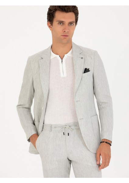 Erkek Açık Gri Slim Fit %100 Keten Ceket 50268891-VR001
