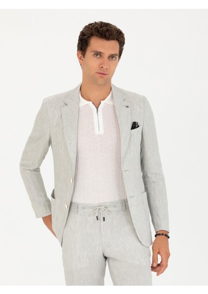 Erkek Açık Gri Slim Fit %100 Keten Ceket 50268891-VR001