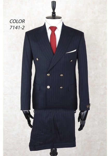 Kruvaze Metal Düğme Geniş Sivri Yaka Slim Fit Çift Yırtmaç Lacivert Drop 6 Takım Elbise