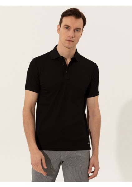 Erkek Siyah Polo Yaka Slim Fit Basic Merserize T-Shirt 50251826-VR046