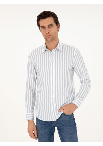 Erkek Mavi Slim Fit %100 Pamuk Çizgili Gömlek 50291351-VR036 modelleri