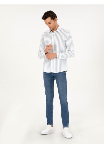 Erkek Mavi Slim Fit %100 Pamuk Çizgili Gömlek 50291351-VR036 fırsatları