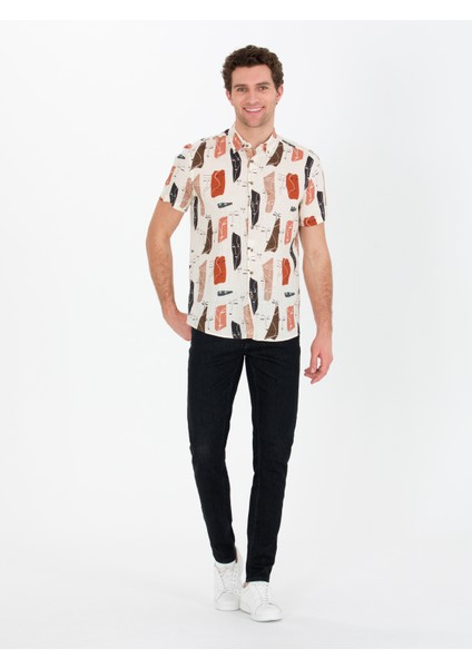 Erkek Bej Regular Fit Kısa Kollu %100 Keten Gömlek 50265485-VR011