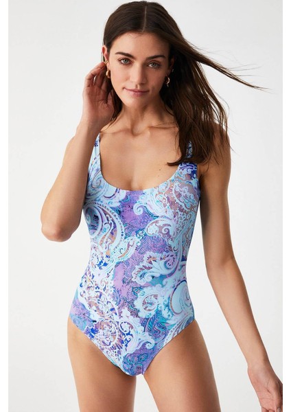 Selendalın Desenli Yuvarlak Yaka Mayo