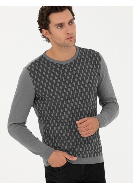 Erkek Gri Slim Fit Bisiklet Yaka Triko Kazak 50234963-VR024