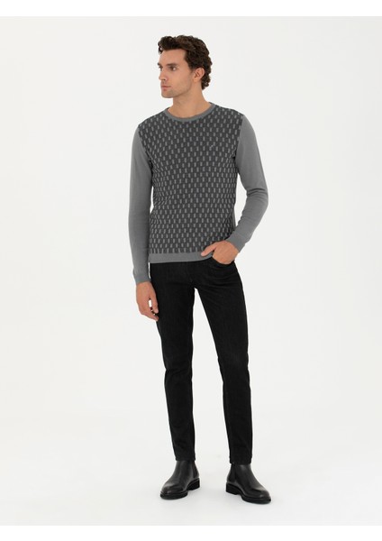 Erkek Gri Slim Fit Bisiklet Yaka Triko Kazak 50234963-VR024