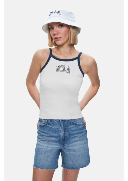 Palmer Kemik Rengi Askılı Nakışlı Standard Fit Kadın Crop
