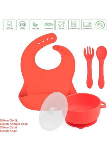 Silikon Beslenme Seti Silikon Vakumlu Kapaklı Mama Kase , Silikon Önlük, Çatal-Kaşık / Kırmızı